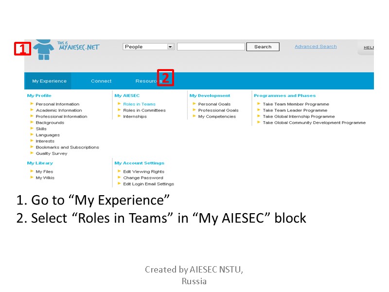 1. Go to “My Experience” 2. Select “Roles in Teams” in “My AIESEC” block